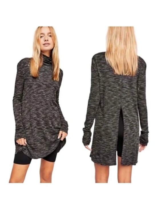Free People Sweaters - Free People Stone Cold Marled Gray Split Back Turtleneck Tunic